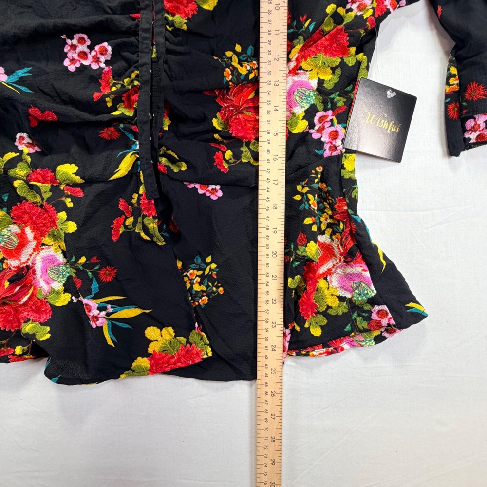 Wishful Black Floral Print Ruched V Neck 3/4 Sleeve Peplum Top XL Grande - Picture 6 of 6